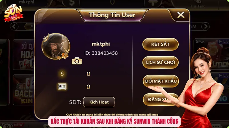 Xác thực tài khoản sau khi đăng ký Sunwin thành công