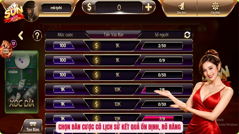 Chọn bàn cược có lịch sử kết quả ổn định, rõ ràng